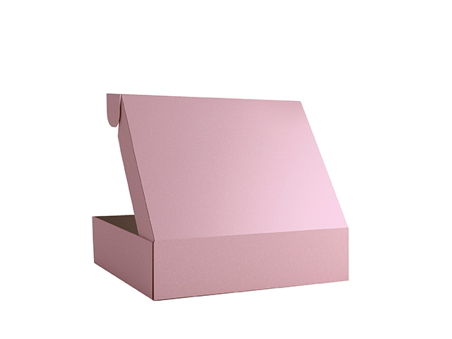 Непрозрачная розовая картонная упаковка с откидной крышкой и ушками, из микрогофрокартона, 220х220х70 мм