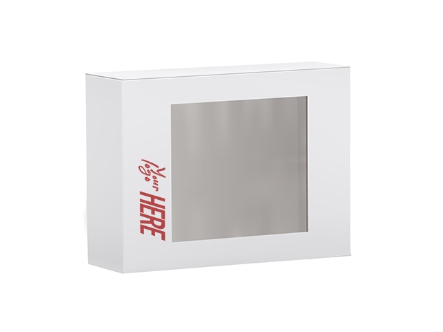 Картонная упаковка крышка-дно с напечатанным логотипом, из цветного микрогофрокартона, с прозрачным окном на крышке, 433х330х120 мм