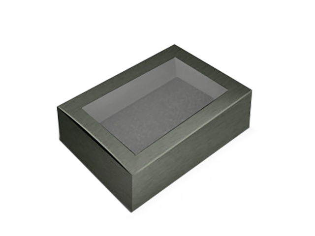 Картонная упаковка черного цвета с ушками на откидной крышке, из микрогофры, с прозрачным окном на крышке, 370х240х70 мм