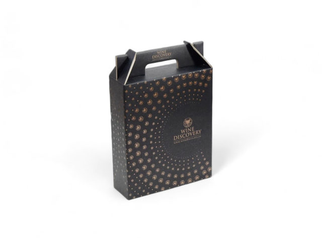Коробочка с ручкой из черного непрозрачного картона, с печатью, 262х86х320 с комплектом вкладышей на 3 бутылки вина